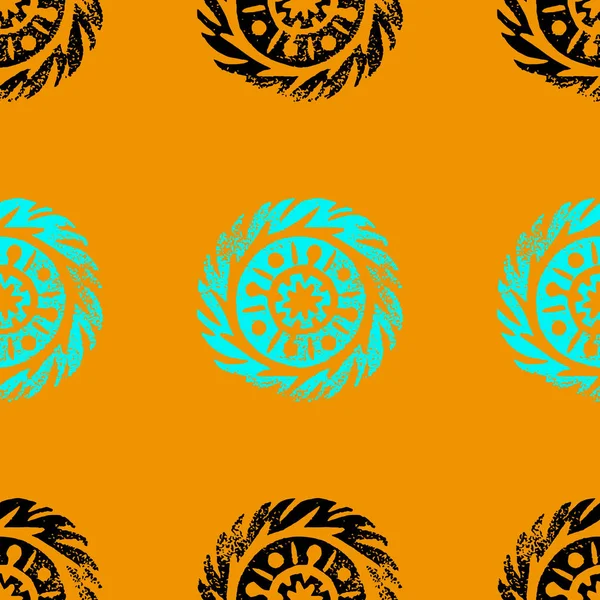 Ethnische Stammes Heimatkreis Mandala Handgezeichneter Linolschnitt Geometrisches Nahtloses Muster Afrikanische — Stockvektor
