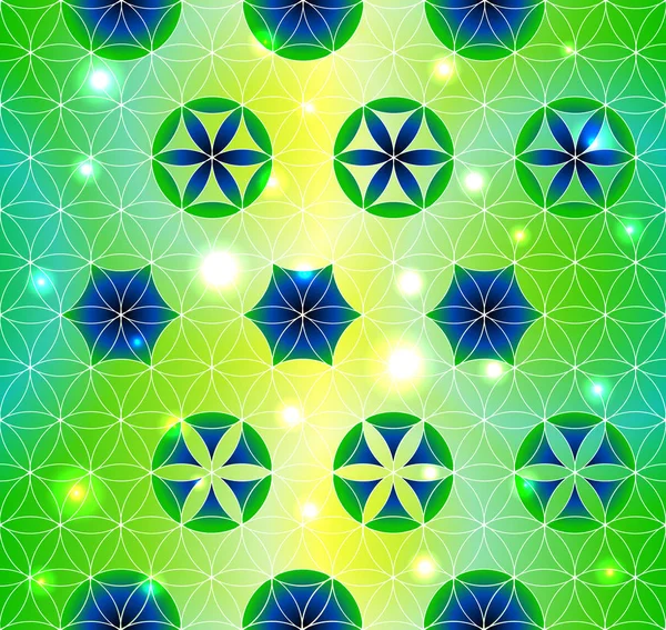 Цветок Жизни Сакральная Геометрия Бесшовный Шаблон Зеленый Фиолетовый Светящийся — стоковый вектор