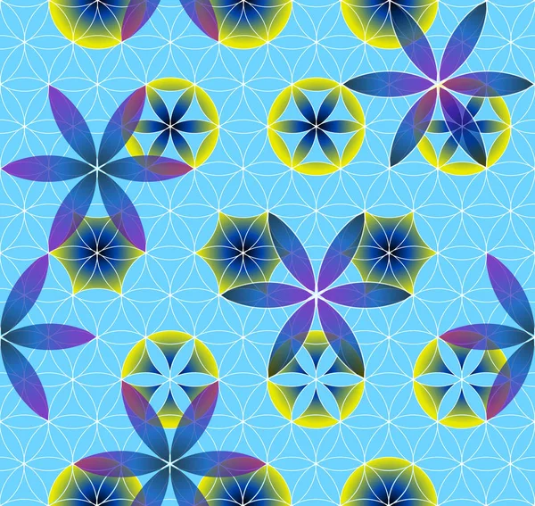 Flor Vida Geometría Sagrada Patrón Sin Costuras Amarillo Azul Púrpura — Archivo Imágenes Vectoriales