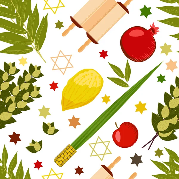 Sukkot Concepto Vacaciones Judaicas Símbolos Tradicionales Etrog Lulav Hadas Arava — Vector de stock