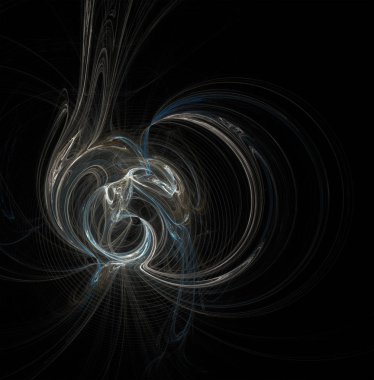 Fraktal soyutlama. Parlayan bir spiral şekil, enerji, gerilim, güç, siyah arka plan sembolü
