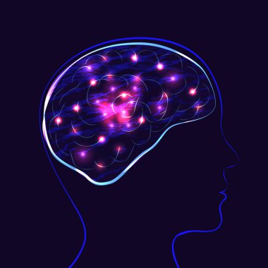 Dünya ruh sağlığı günü. Tıbbi tatil kavramı. Adam ve beyin Başkanı silüeti. Beynin çalışmaları gösteren ışıklar