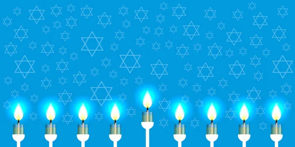 Hanukkah. 2-10 de diciembre. Fiesta Judaica. Nueve velas. Estrella hexagonal de David . — Vector de stock