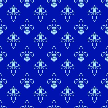 Seamless modeli. Fleur de lis. Doğrusal vektör grafikleri. Geometrik simetrik çizim. Mavi arka plan.