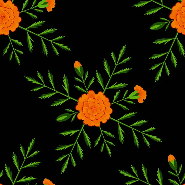 Marigold Seamless Pattern Day Dead Mexican Holiday Black Background — Stock Vector