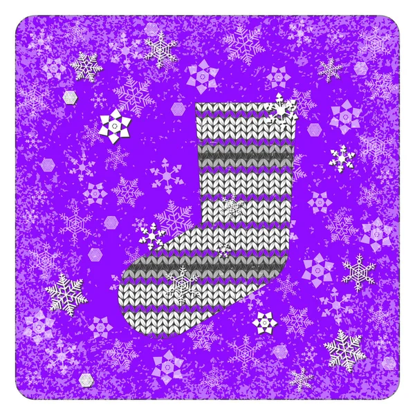 Vintage Card Knitting Sock Gifts Snowflakes Background White Elements Purple — Stock Vector