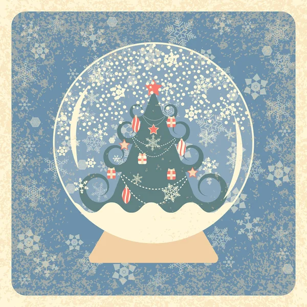 Oldtimer Karte Kristallschneeball Geschmückter Weihnachtsbaum Schneeflocken Hintergrund Grunge Textur Elfenbeinelemente — Stockvektor