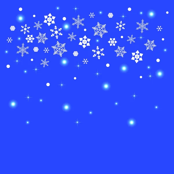 Fondo Fiocchi Neve Forme Stelle Luci Elementi Bianchi Sfondo Blu — Vettoriale Stock