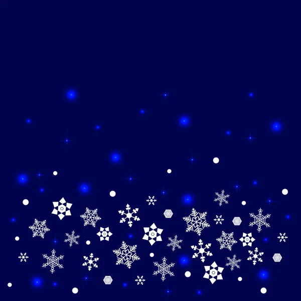 Νιφάδες Χιονιού Φόντο Φόρμες Αστέρια Φώτα Λευκά Στοιχεία Σκούρο Μπλε — Διανυσματικό Αρχείο