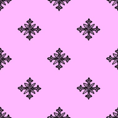 Etnik tarzda kar taneleri. Seamless modeli. Kış, yeni yıl, yılbaşı projeleri için. Soyut siluet. Hint, Kızılderili Aztek. Siyah elemanları, pembe arka plan