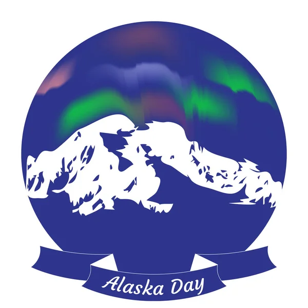 アラスカの日 政治的な休日の概念 米国の状態 山岳風景 夜の空 ラウンド フレーム イベントの名前とリボンします — ストックベクタ