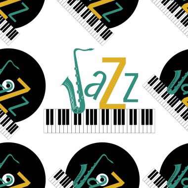 Caz konsepti. Vinil kaydı, klavye ve kelime Jazz. Harf J - saksafon. Seamless modeli. Yeşil, koyu sarı, siyah öğeleri boğuk. Beyaz arka plan