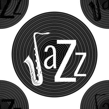 Caz konsepti. Vinil kaydı ve word Jazz. Harf J - saksafon. Seamless modeli