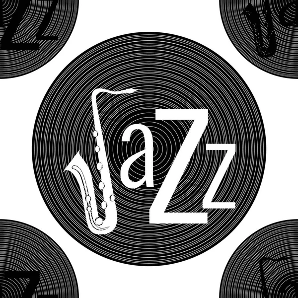 Jazz Concept Vinyl Record Word Jazz Letter Saxophone Seamless Pattern — Stock Vector