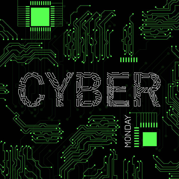 Кибер понедельник. Концепция скидки день в интернет-магазинах. Абстрактный техно-фон, название события, иллюстрация микросхемы
.