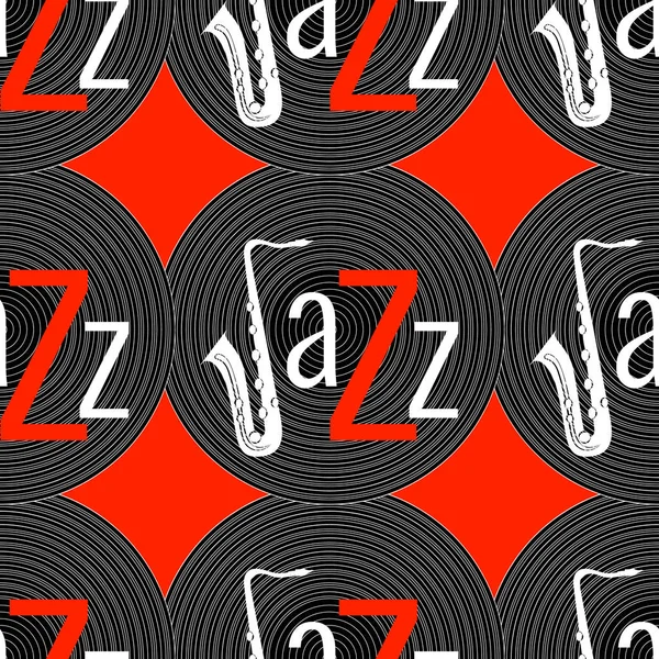 Jazzové Koncept Vinylová Deska Slovo Jazz Písmeno Saxofon Vzor Bezešvé — Stockový vektor