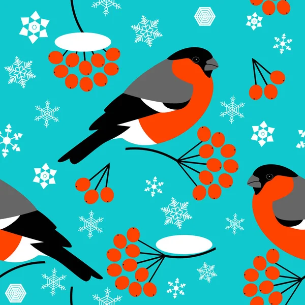 Bullfinch Ramo Bacche Rowan Fiocchi Neve Schema Senza Soluzione Continuità — Vettoriale Stock