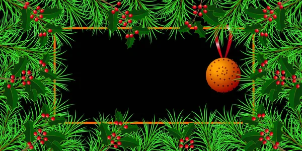 Yeni yıl, Noel, Noel arifesi, kış tatili. Afiş, davetiye, el ilanı. Holly ve köknar dallarında yapılan çerçeve. Pomander - turuncu ve karanfil. Siyah arka plan. Yatay düzen. — Stok fotoğraf