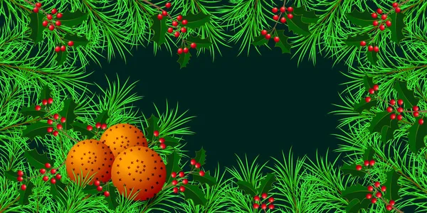 Yeni yıl, yılbaşı, kış tatili. Afiş, davetiye, el ilanı. Holly ve köknar dallarında yapılan çerçeve. Pomanders - turuncu ve karanfil. Koyu yeşil renkli. Yatay düzen. — Stok fotoğraf