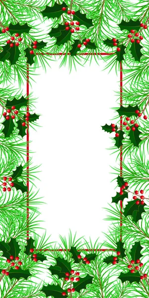 Nový rok, Vánoce, zimní dovolenou. Banner, pozvánky, letáky. Rám vyrobený z jedle a holly větví. Bílé pozadí. Svislé rozložení. — Stock fotografie