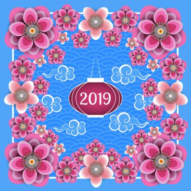 Çin yeni yıl 2019. Çince fener, Çin bulutlar, Erik ve Şeftali çiçekleri. Çerçeve, mavi arka plan deseni ile.