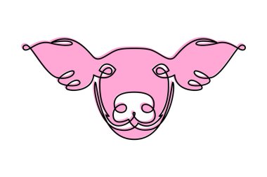 Domuz surat. Doğrusal çizgi stili. Sonsuz çizgi. Pembe arka plan anahat. Logo, işaret, kutsal kişilerin resmi. Vektör çizim. Çin yeni yılı sembolü 2019