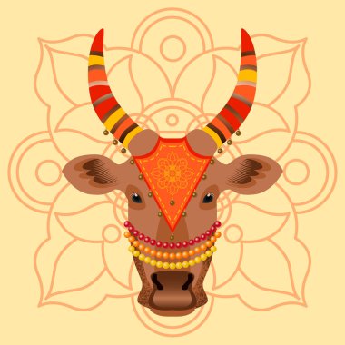 Maatu Pongal. Hindistan ve Sri Lanka Hindu hasat festivali. Olay kavramı. Bez nakış, boncuk, çan ile süslenmiş bir inek Başkanı. Arka plan ile geleneksel süsleme