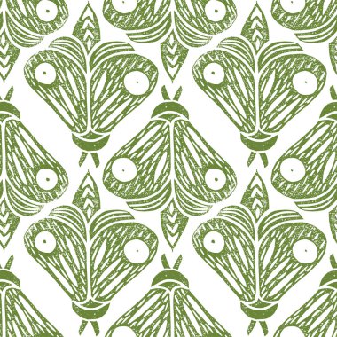 Kelebekler. Seamless modeli. Linocut el yapımı vektör çizim. Yeşil renk. Beyaz izole. Desen elemanları döndürmek
