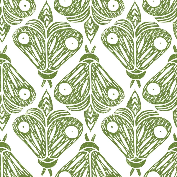 Kelebekler. Seamless modeli. Linocut el yapımı vektör çizim. Yeşil renk. Beyaz izole. Desen elemanları döndürmek