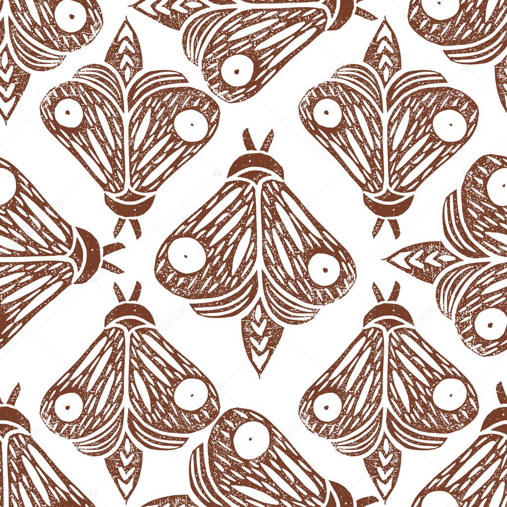 Butterflies. Seamless pattern. Linocut handmade vector illustration. Rust color. Isolated on white. Rotate Pattern Elements