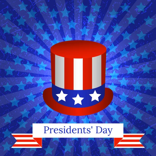 大統領の日 アメリカ合衆国の国民の祝日の概念 米国旗シンボル シルクハット 光線と星の背景 グランジ テクスチャ イベントの名前とリボンします — ストックベクタ
