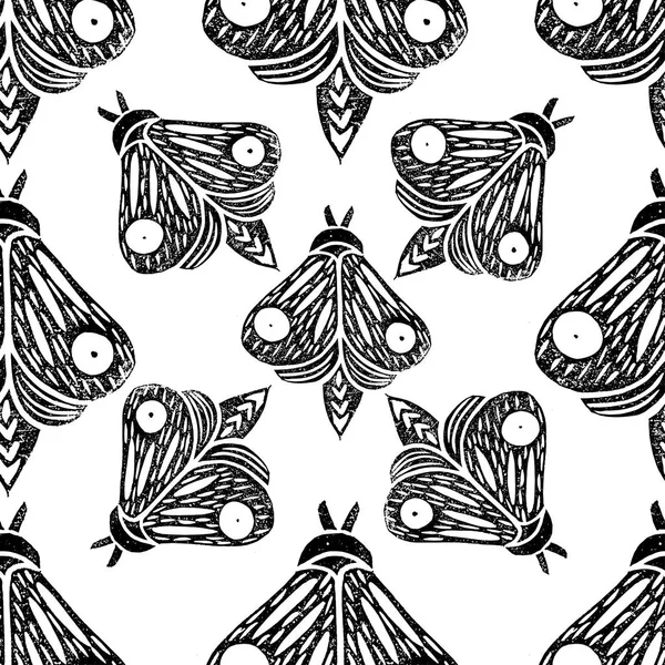 Butterflies. Seamless pattern. Linocut handmade vector illustration. Black color. Isolated on white
