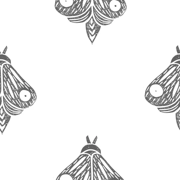 Butterflies. Seamless pattern. Linocut handmade vector illustration. Gray color. Isolated on white