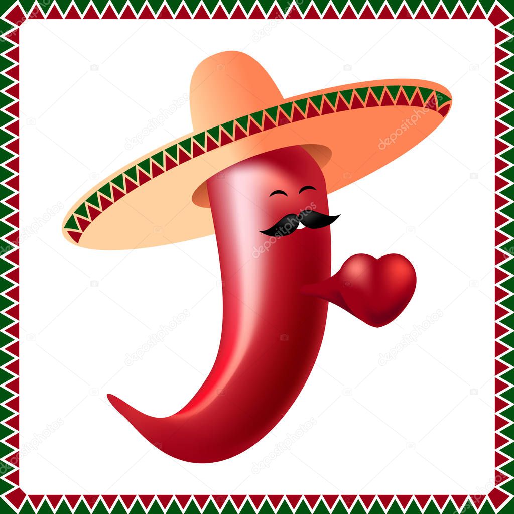 Valentines Day. Chili pepper - Mexican with a mustache and in a sombrero. Heart breaks out of chest