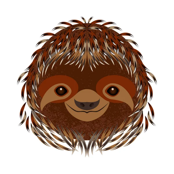 ナマケモノ 頭の肖像画 茶色の毛皮 漫画スタイルの動物笑顔 — ストックベクタ