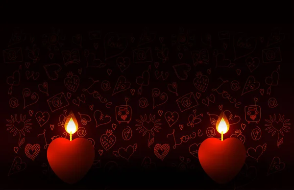情人节 两支燃烧的蜡烛 一颗心的形状 在以爱情为主题的涂鸦图片壁纸的背景下 — 图库矢量图片