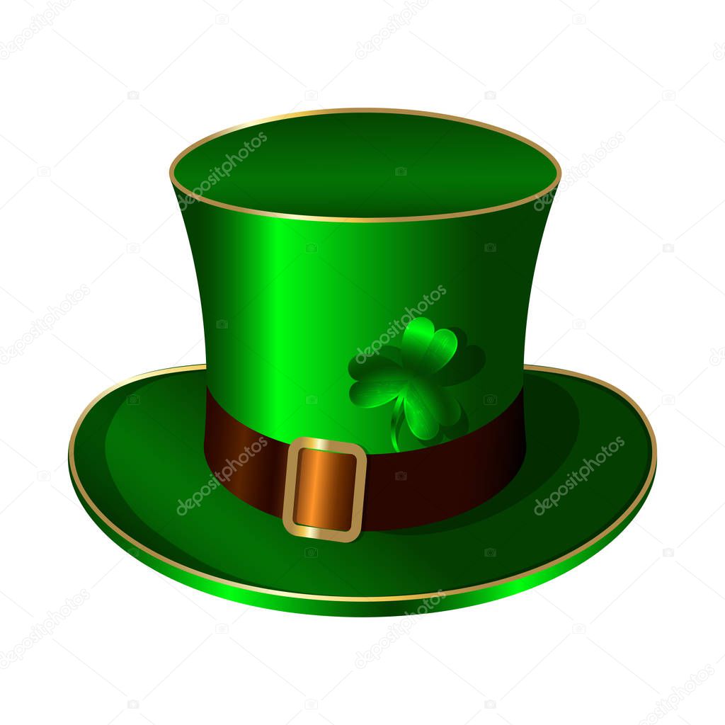 St. Patricks Day green hat. Belt buckle shamrock clover