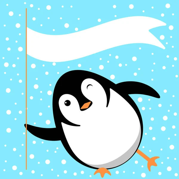 Pingvin Diák Jégen Szempillantás Tartja Zászló Hely Szöveg Vektor Rajzfilm — Stock Vector
