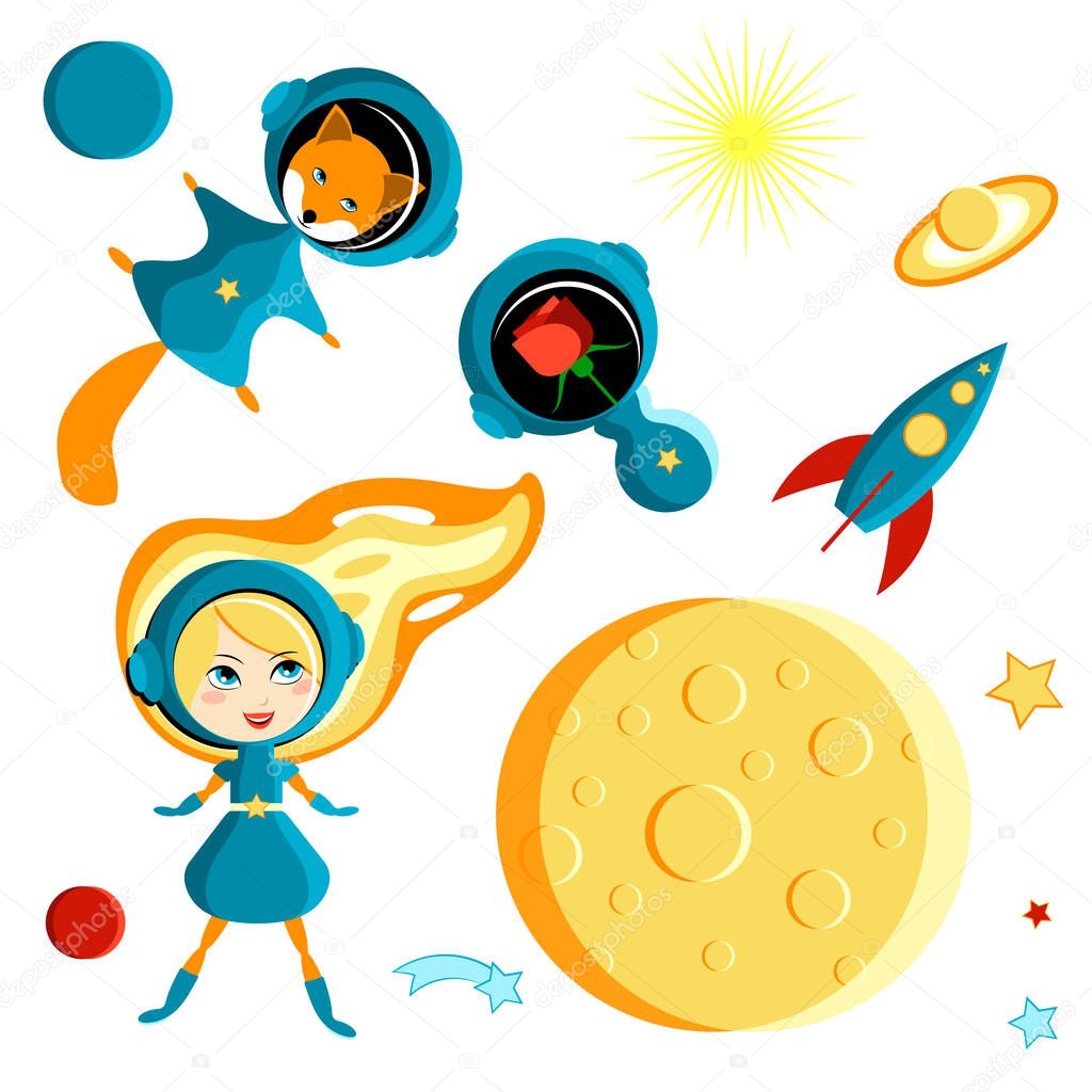 Set of elements for children - a girl, a fox and a rose in space. Moon, Sun, Saturn, Earth, other planets, rocket. Stars, comets. Cartoon style