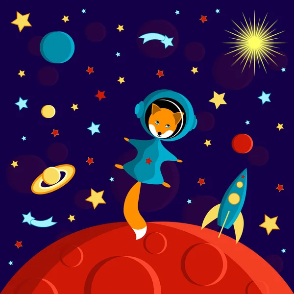 Fox Dans Une Combinaison Spatiale Sur Une Planète Rouge Lune — Image vectorielle