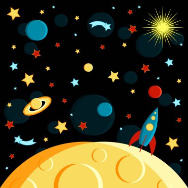 Yüzeye moon, roket ve uzay görünümünün. Ay, Güneş, Satürn, toprak, diğer gezegenler, roket yıldız kuyruklu yıldızlar alan karikatür tarzı