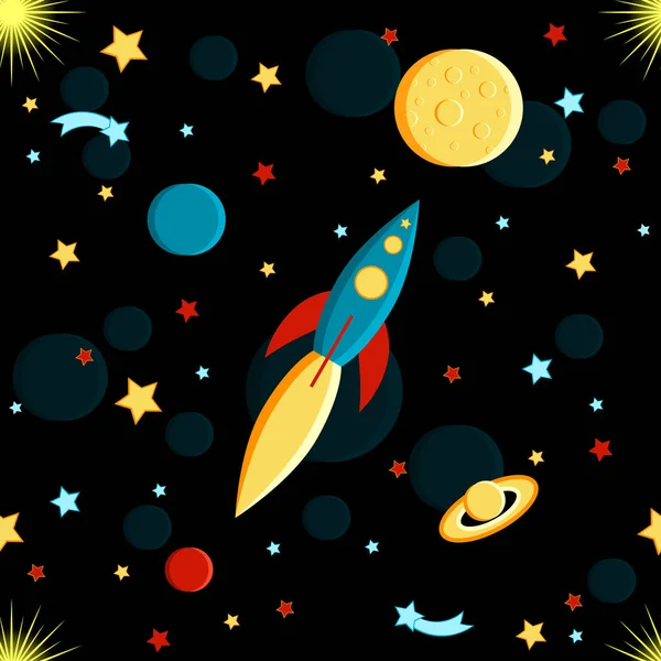 Cohete Volando Luna Sol Saturno Tierra Otros Planetas Estrellas Cometas — Vector de stock