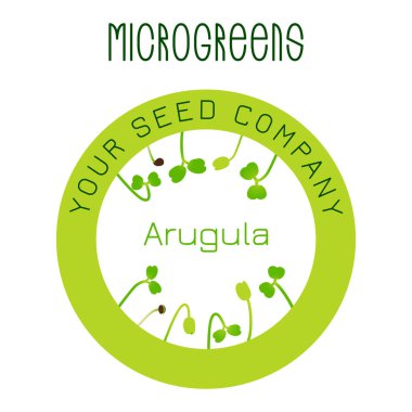 Microgreens roka. Tohum ambalaj tasarımı, ortasındaki yuvarlak öğe