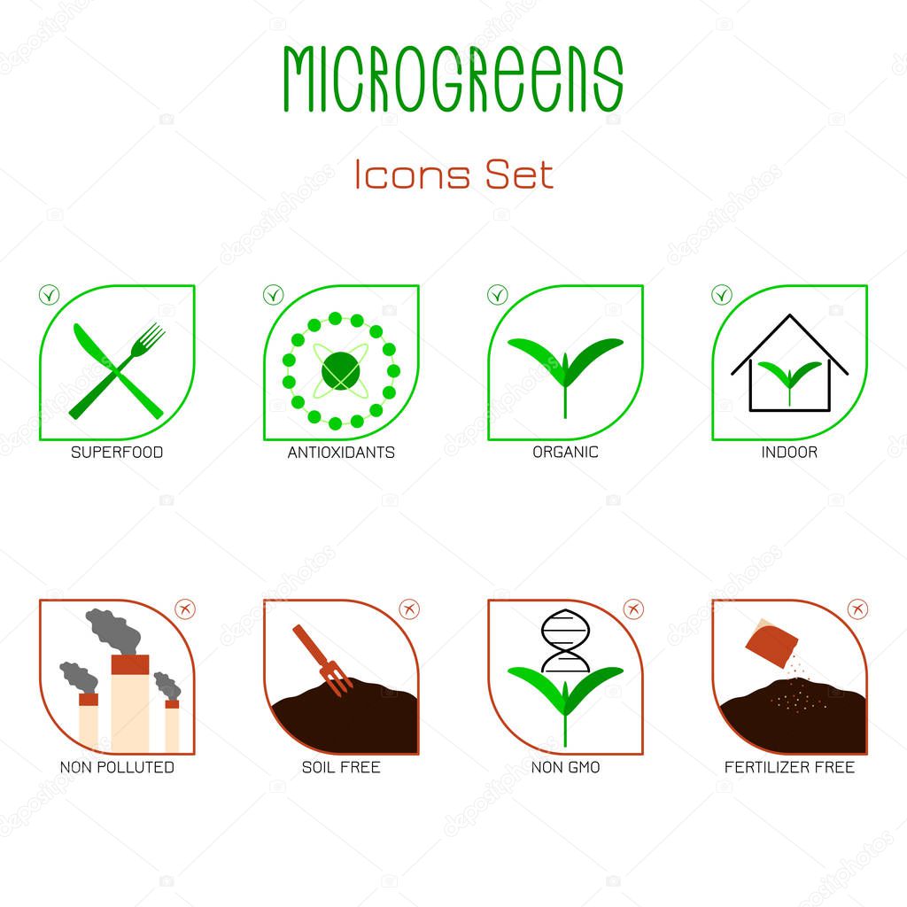 Microgreens Icon Set. Seed packaging design. Icons - indoor, organic, superfood, antioxidants, non gmo, soil free, fertilizer free, non polluted