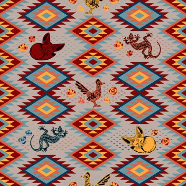 Kilim. Ethnic geometric ornament with desert animals. Pattern of bright rhombuses. Greater roadrunner, Fennec fox, lizard. Seamless vector pattern clipart