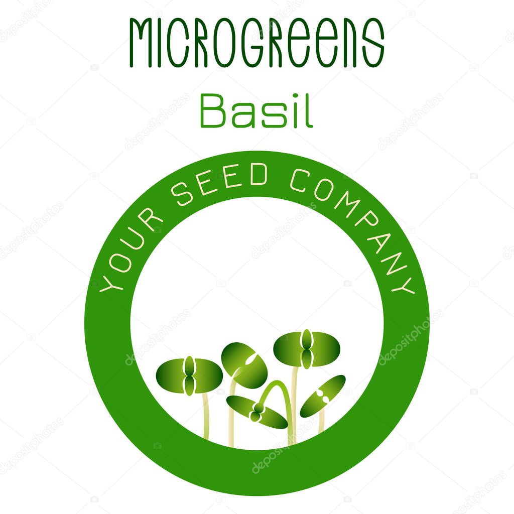 Microgreens Basil. Seed packaging design, round element in the center. Vitamin supplement, vegan food