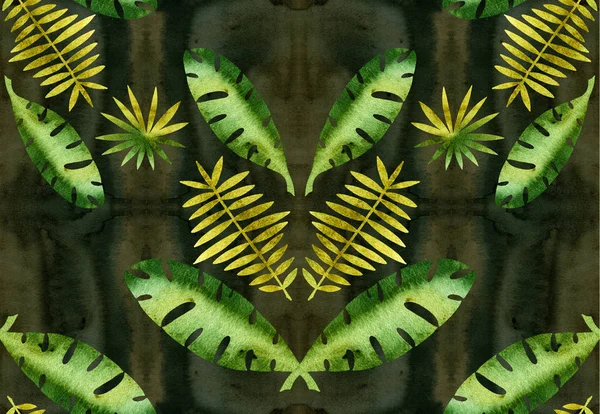 Patrón de hojas de plantas tropicales. Textura acuarela. Patrón sin costura . —  Fotos de Stock