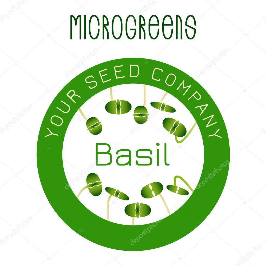 Microgreens Basil. Seed packaging design, round element