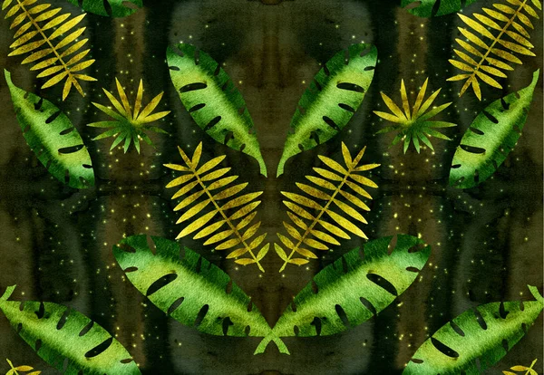 Шаблон листьев тропических растений. Акварельная текстура. Бесшовный рисунок . — стоковое фото