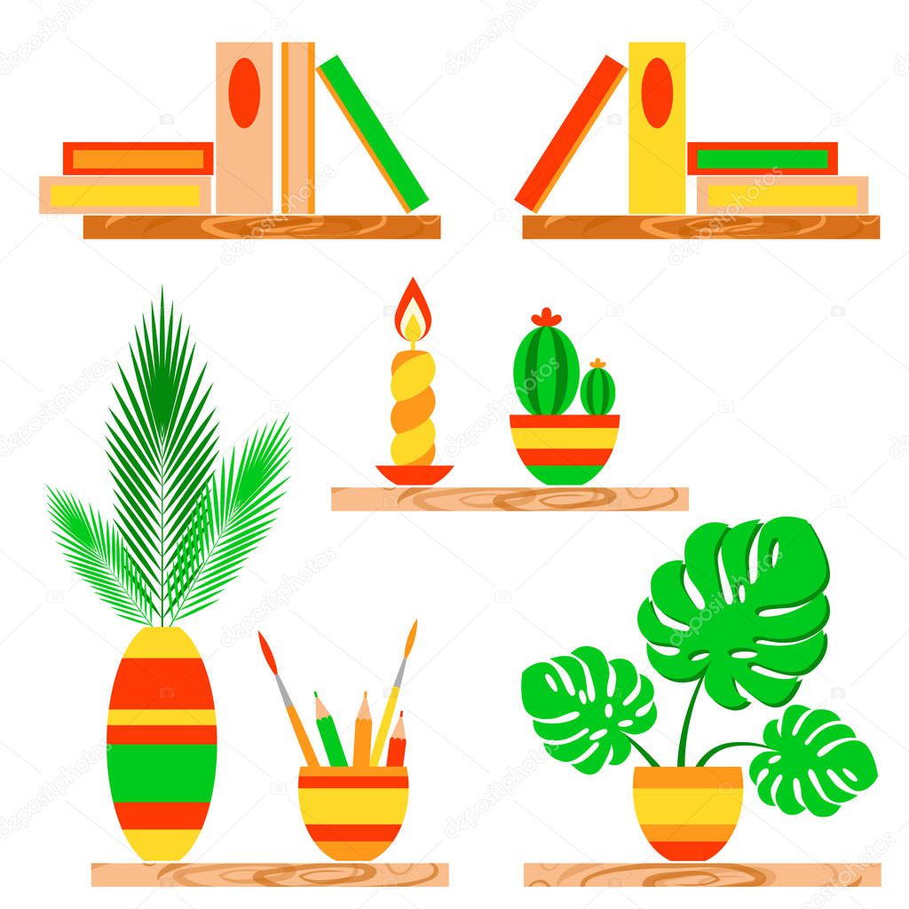 Wooden shelves with books, candle, potted plants, vase, pencils and tassels. Vector illustration isolated on white.